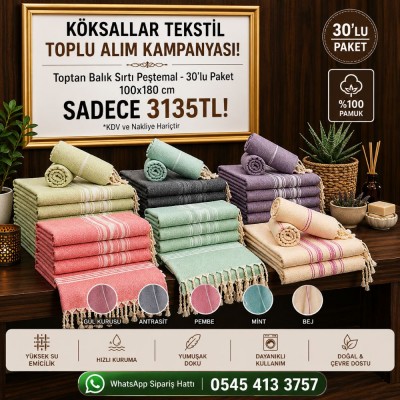 Toptan Balık Sırtı Peştemal 100x180 cm 30'lu Paket